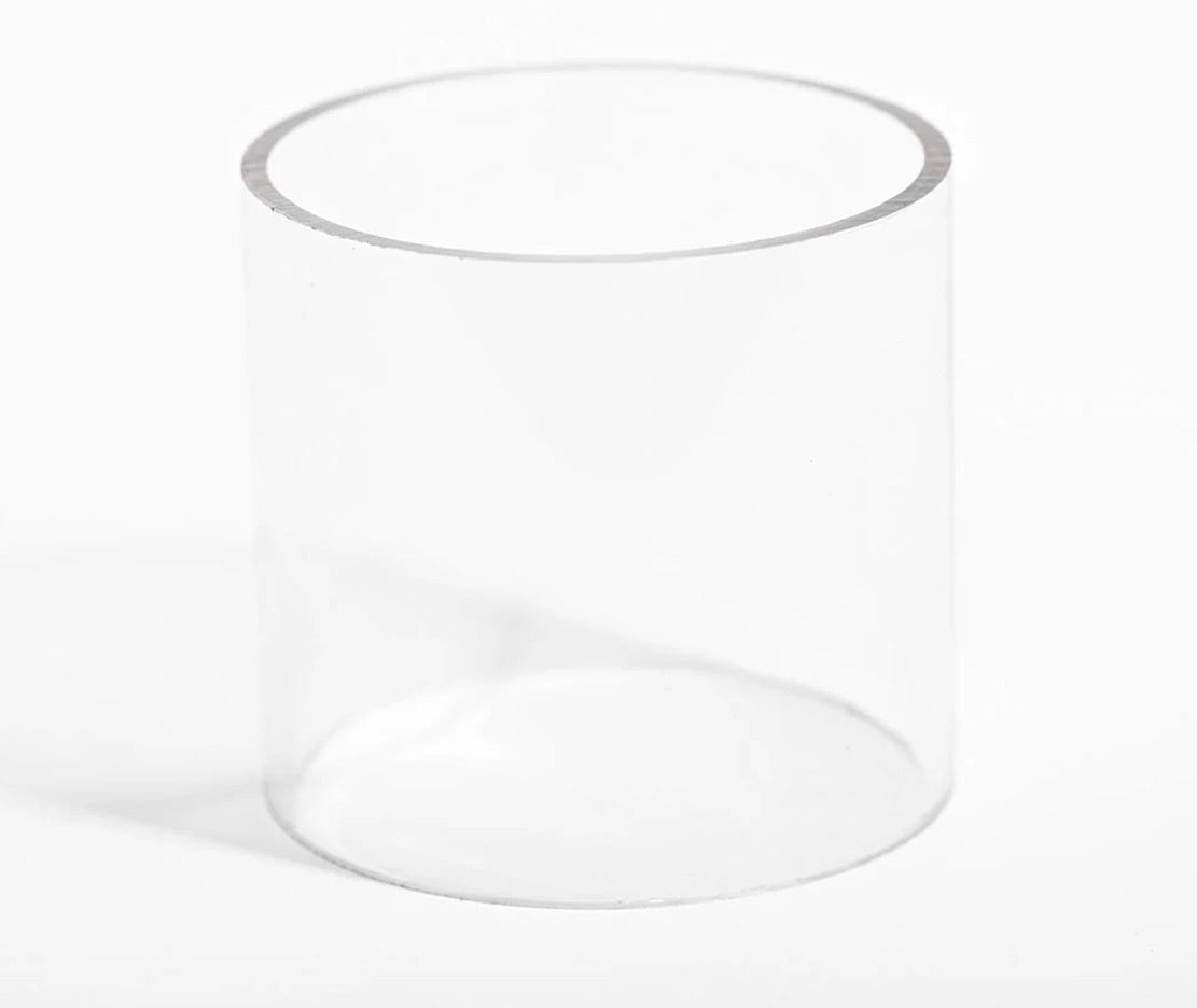 Close-up of Hitoki Acrylic Water Cylinder replacement showcasing clear, durable acrylic design and smooth circular edges.