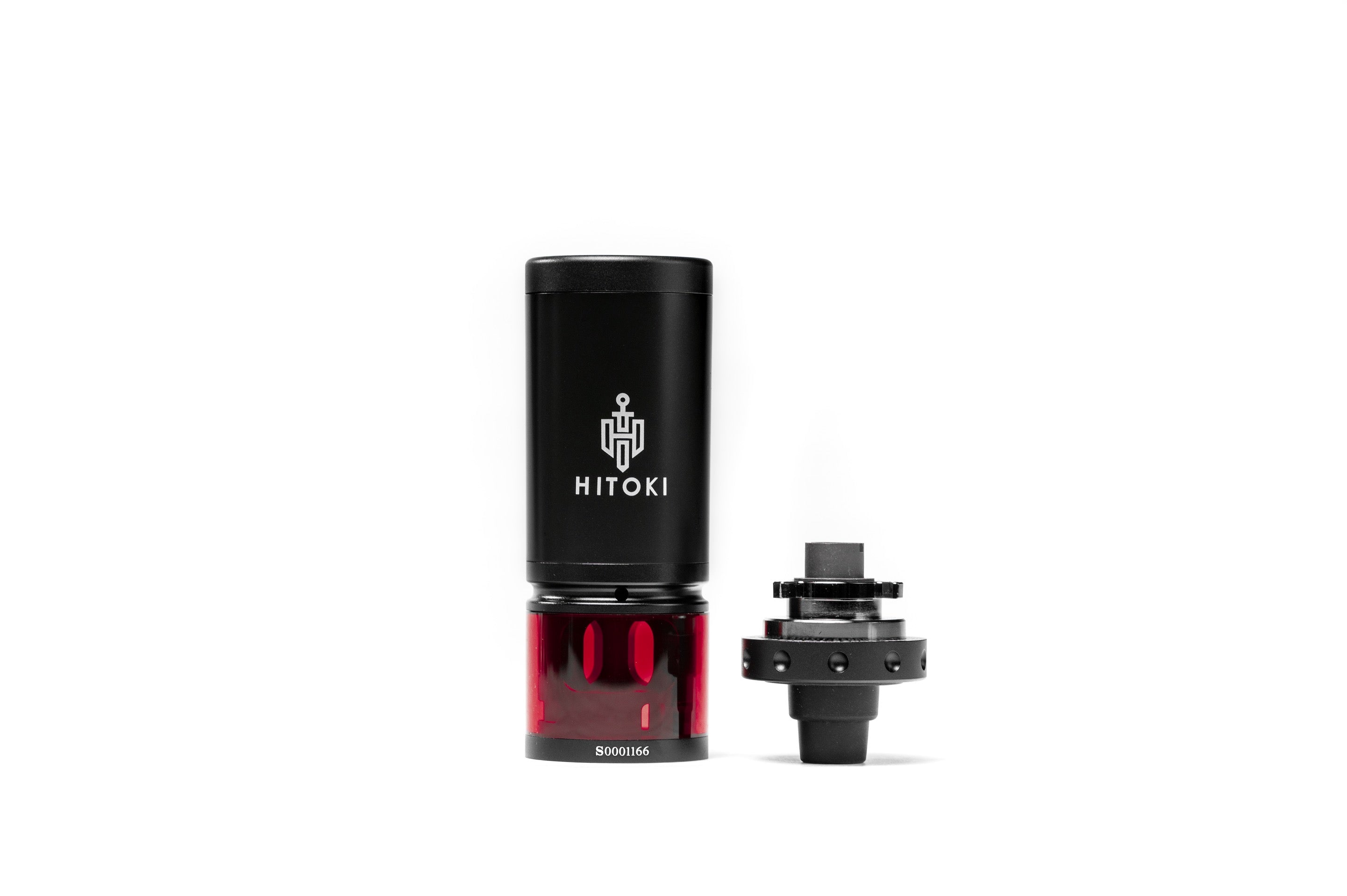 Hitoki Saber laser-powered device with mid-connector attachment, displayed against a white background. Designed for modular compatibility with various glass setups.
