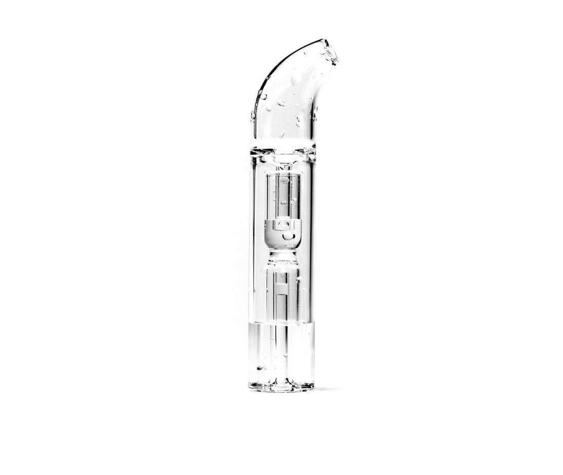 Close-up of Hitoki spill-resistant glass bubbler from the Saber Portable Attachment, clear craftsmanship and quality.