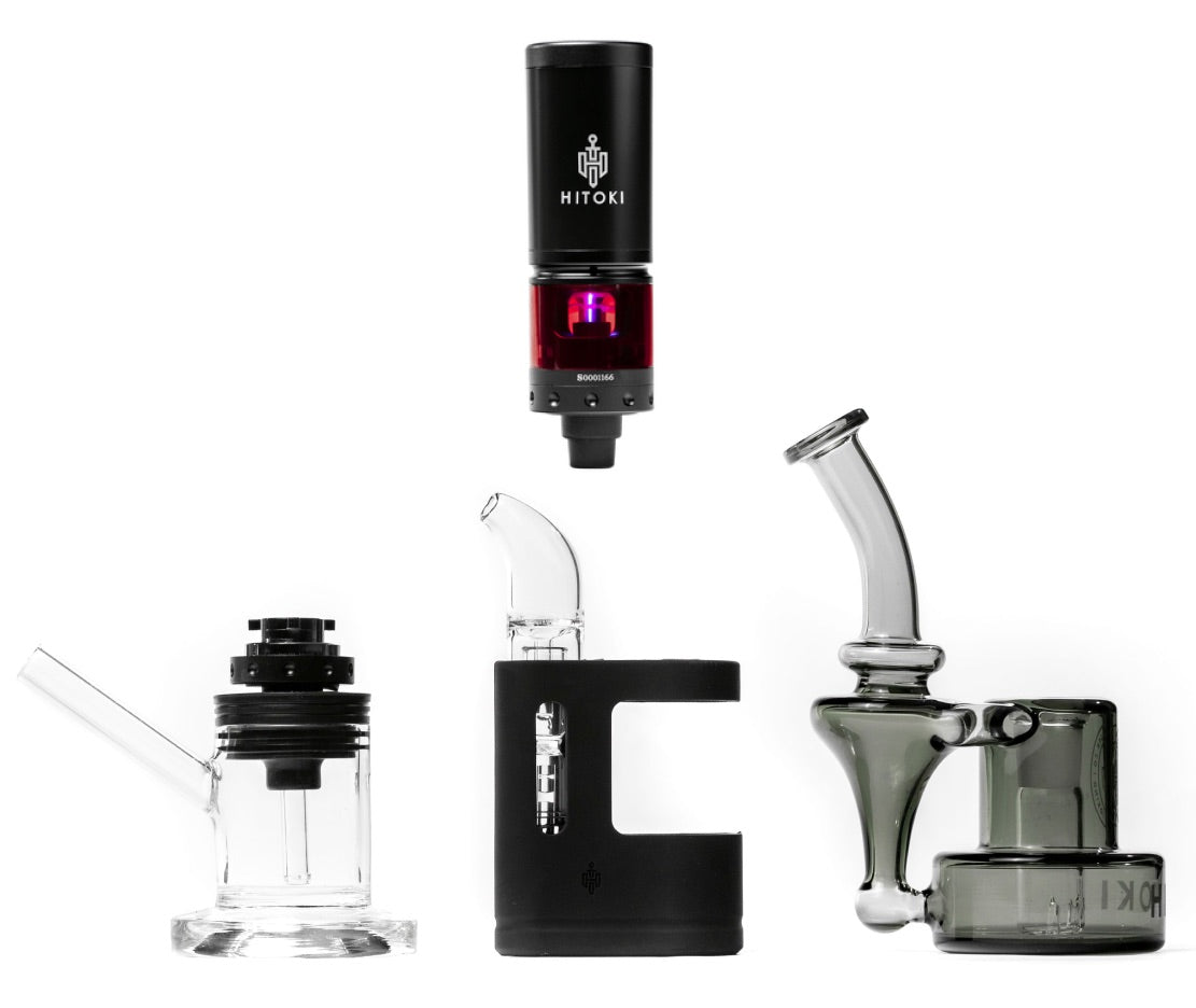 Hitoki Saber Complete Kit including Saber Base Device, Bubbler Attachment, Portable Attachment, and Recycler Attachment. High-tech laser combustion smoking device with enhanced filtration and portability.