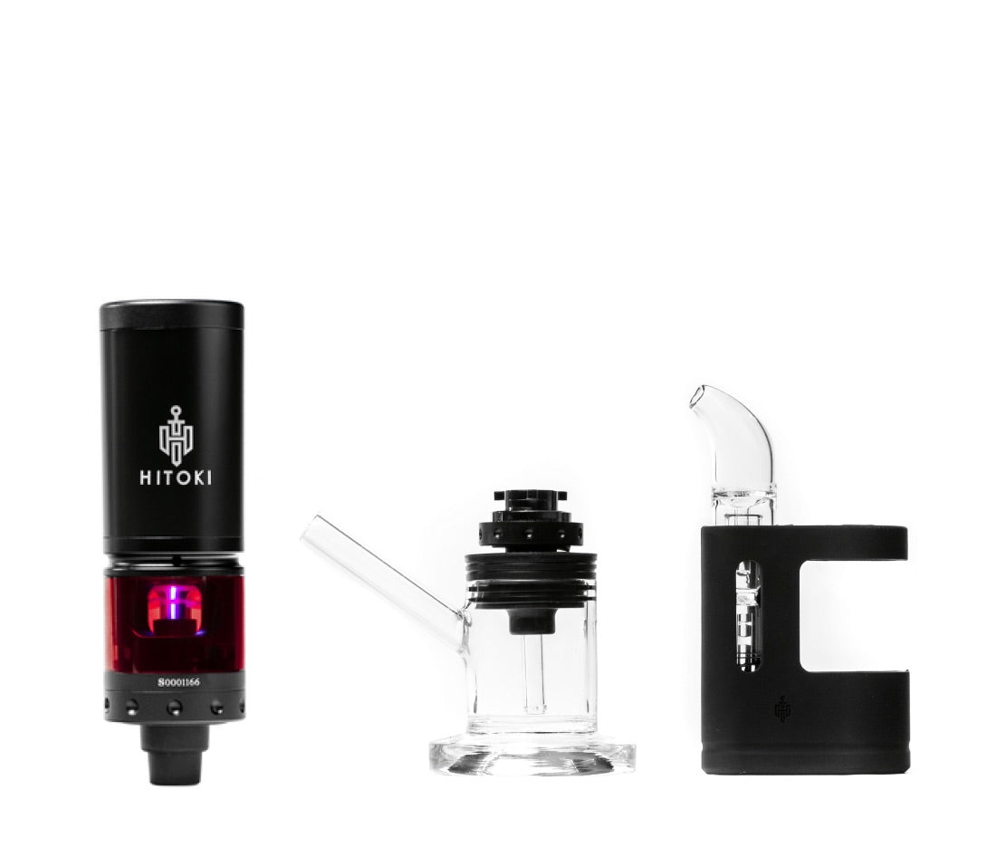 Hitoki Saber Duo Kit featuring Saber Base Device, Bubbler Attachment, and Portable Attachment for versatile smoking. High-tech laser combustion device designed for home and on-the-go use with superior filtration.