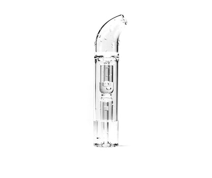 Close-up of Hitoki spill-resistant glass bubbler from the Saber Portable Attachment, clear craftsmanship and quality.