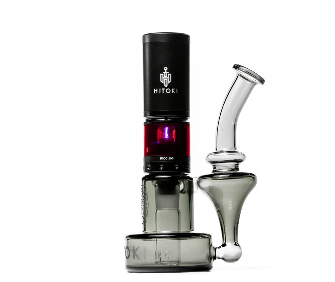 Hitoki Saber Recycler Kit featuring Saber Base Device with Recycler Attachment for superior filtration and cooling. High-tech laser combustion smoking device designed for smooth and flavorful hits.