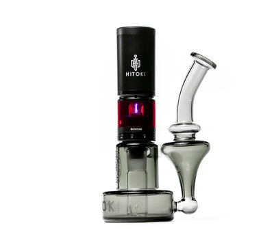 Hitoki Saber Recycler Kit featuring Saber Base Device with Recycler Attachment for superior filtration and cooling. High-tech laser combustion smoking device designed for smooth and flavorful hits.