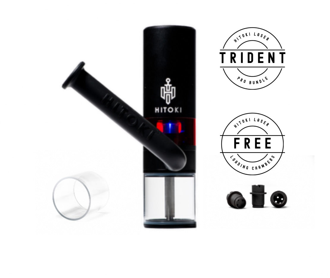 Hitoki Trident Pro Bundle featuring high-tech laser combustion device with hose, adjustable silicone mouthpiece, and free loading chambers. Complete premium smoking kit for enhanced performance and convenience.